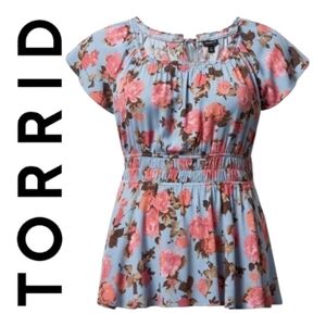 Torrid Babydoll Gauze Short Flutter Sleeve Top Light Blue Pink Floral